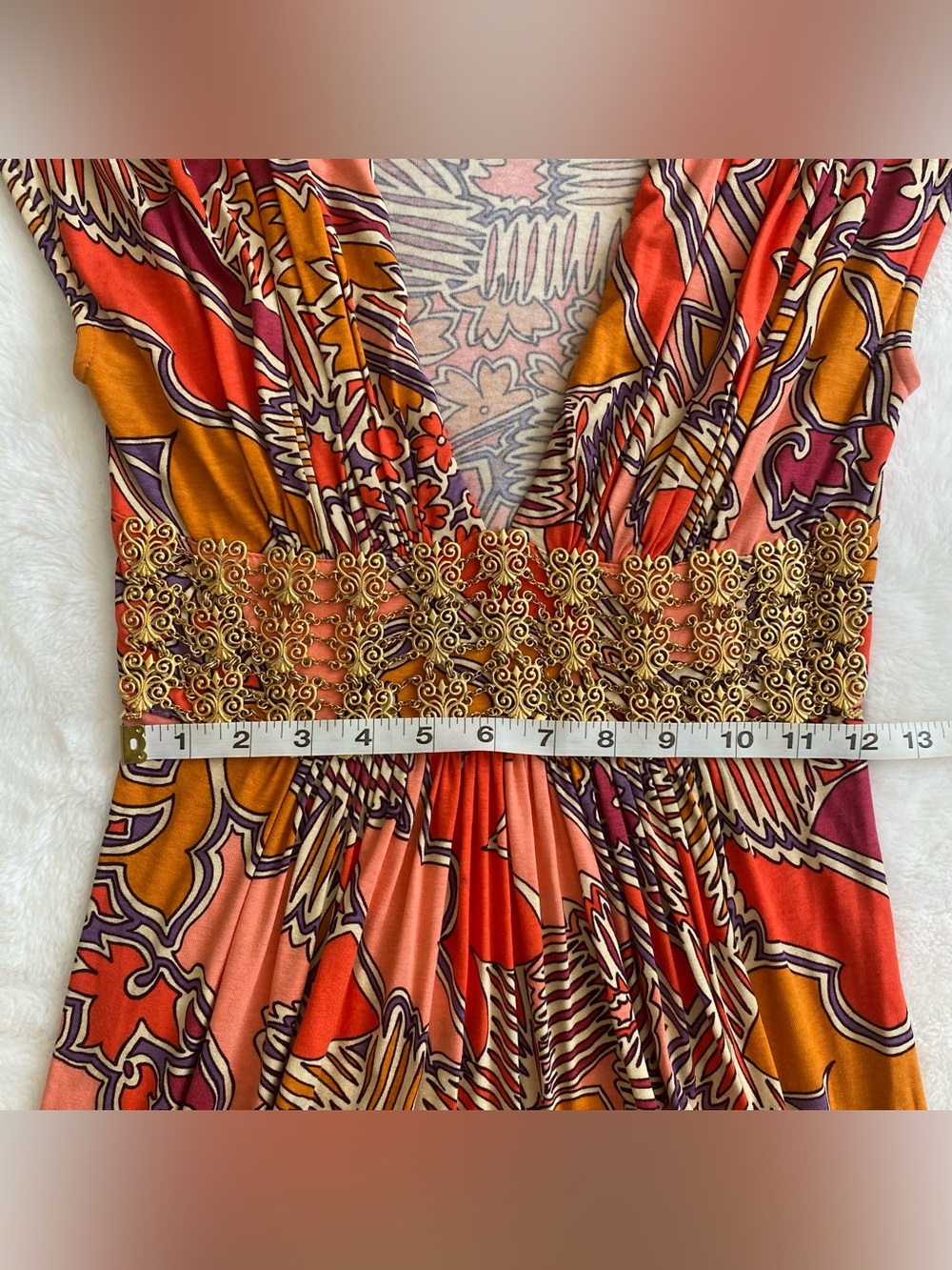 Vintage Y2K Sky Brand orange print short sleeve mini dress gold metal detail M - Picture 7 of 8